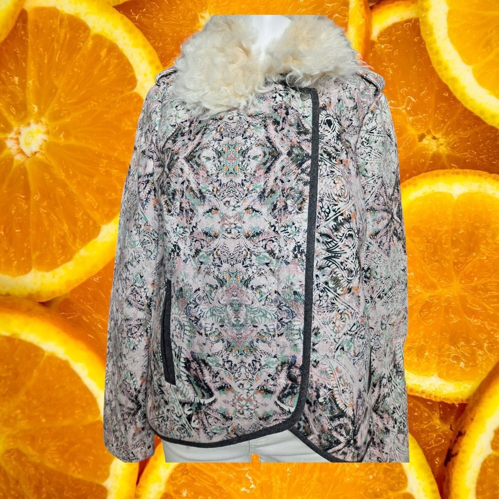 elevenses Floral Print Jacket Faux Fur Collar Asymmetrical Zip Size 10